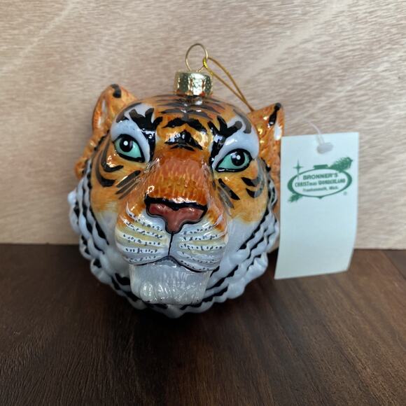 New Bengal Tiger Big Cat Head Blown Glass Holiday Christmas Ornament Vintage - Picture 1 of 5